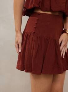 L'Amorae 休闲简约纯色蕾丝下摆半身裙，百搭 - 鏽棕色 - 查看 2