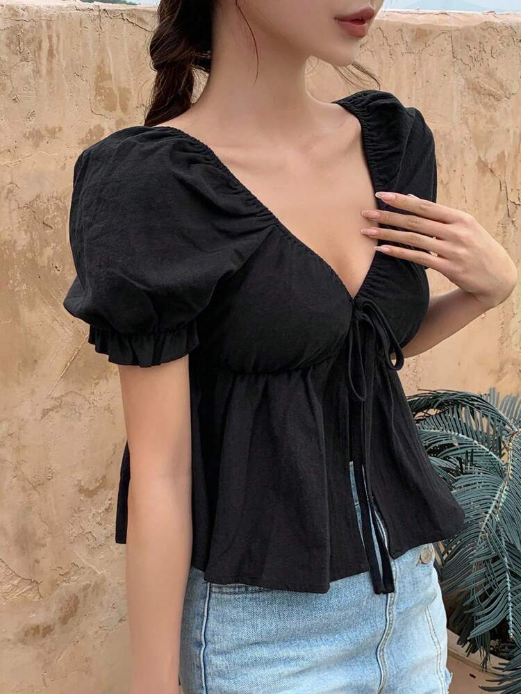 Women's Tie Front Puff Sleeve Crop Top For Beach,Babydoll Top
