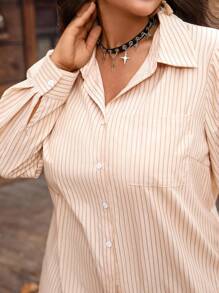 EMERY ROSE 大码休闲通勤条纹长袖衬衫，女士夏季，女士假期，波西米亚风假日，秋季，秋季女装，秋装，乡村音乐会，老钱风格女装，乡村女装 - 淺藍色 - 查看 5