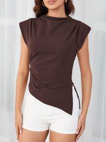 Camiseta de manga corta de verano para mujer con diseño asimétrico y unicolor