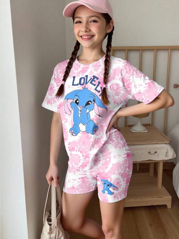 Girls Casual Fashion Creative Cartoon Cute Stitch Print Letter Slogan Short Sleeve T-Shirt And Riding Shorts Set Teen Girl Lounge Wear Girls Pajama Short Sets