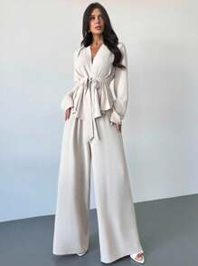 Firerie Bộ đồ nữ thanh lịch, rộng rãi, màu mơ, gồm áo dài tay và quần, gồm 2 món. - trắng - Xem 7