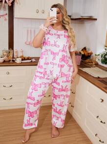 Plus Size Bow Print Contrast Color Round Neck Sleepwear Set, Sweet Ins Style - White - View 3