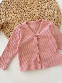 SHEIN Bộ áo liền quần dài tay họa tiết hoa nhí thoải mái cho bé gái sơ sinh, gồm áo khoác và quần màu trơn, thích hợp cho mùa thu đông. - Hồng - Xem 6