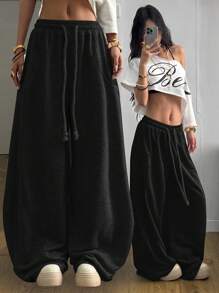 Coolane 女士夏季街头休闲宽松弹力腰带舒适弯刀裤 - 黑色 - 查看 1