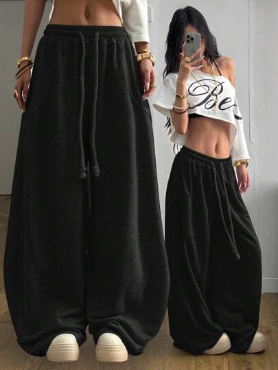 Coolane Women's Fall/Winter Streetwear Going Out Break Oversized Elastic Waistband Comfortable Scimitar Black Pants