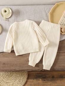 男婴纯色罗纹针织圆领长袖毛衣和裤子套装 - 米色 - 查看 2