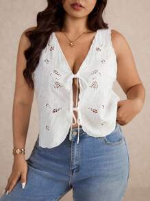 Elaquor Plus Size Women Embroidered V-Neck Cardigan Cami Tank Top, Casual Versatile Vacation Wear,Going Out Tops - White - View 5