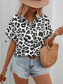 EMERY ROSE Blusa de mujer de manga murciélago con estampado de leopardo para vacaciones, informal - Blanco - Ver 4