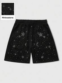 ROMWE MEN Street Life Pantalones cortos casuales para hombres con patrón de estrellas y lunas, adornados con strass, diseño elegante y callejero estadounidense, conjunto a juego para parejas