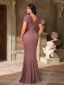 Aureia Plus Size Summer Elegant Romantic Lotus Pink Sweetheart Neckline Back Sleeves Gathered Slim Fishtail Hem Suitable For Dinner Bachelorette Party Date Dance Holiday Wedding Event Bride Bridesmaid Dress - Dusty Pink - View 3