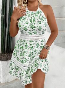 SHEIN Clasi 大码女式休闲花卉蕾丝镂空后背拼接迷你连衣裙 - 綠色 - 查看 6