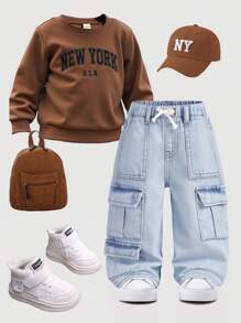 SHEIN Quần jeans cargo dáng rộng, thoải mái, phong cách đường phố Hàn Quốc cho bé trai mùa thu đông, chất liệu denim xanh nhạt, mềm mại, dễ thương, có dây rút ở eo, nhiều túi, sản phẩm mới, thích hợp cho mùa tựu trường, phong cách đường phố. - Rửa nhẹ - Xem 1