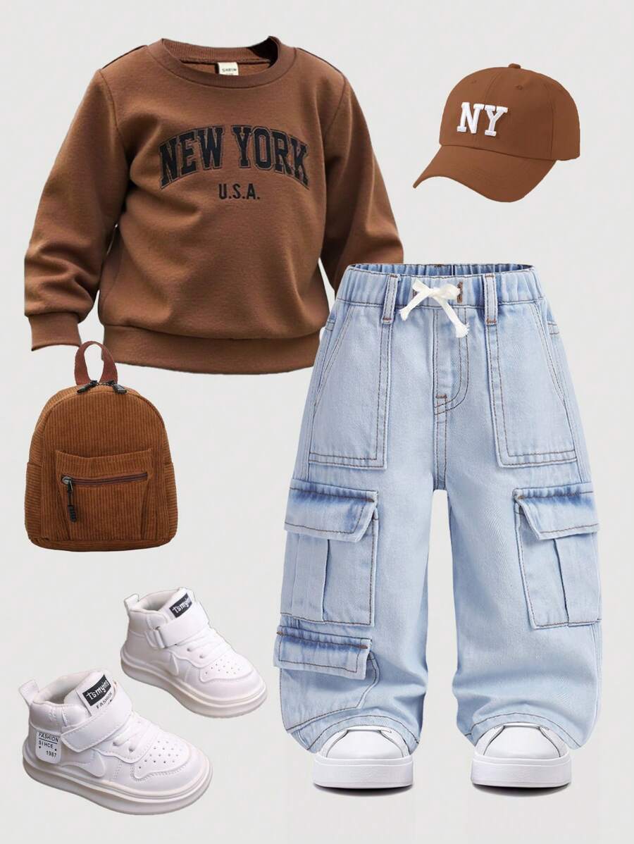 SHEIN Quần jeans cargo dáng rộng, thoải mái, phong cách đường phố Hàn Quốc cho bé trai mùa thu đông, chất liệu denim xanh nhạt, mềm mại, dễ thương, có dây rút ở eo, nhiều túi, sản phẩm mới, thích hợp cho mùa tựu trường, phong cách đường phố. - Rửa nhẹ - Xem 1