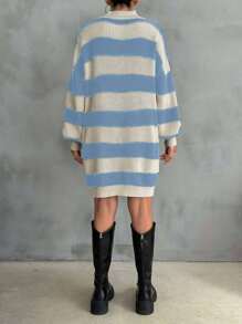 EURMUSE Women Drop Shoulder Sweater Dress With Striped Pattern,Petite - Baby Blue - View 3