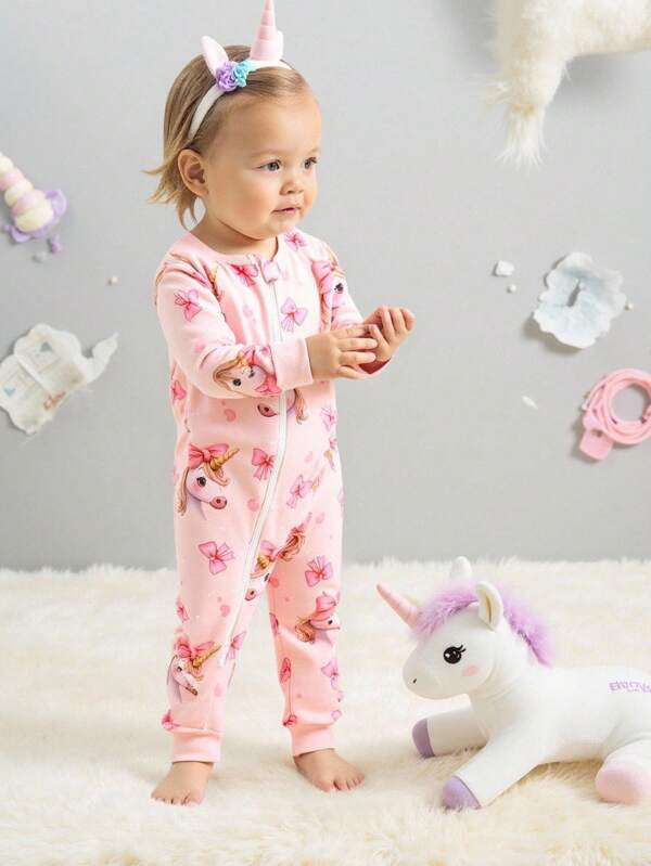 Infant Girls Snug Fit Pink Bow Unicorn Digital Print Long Sleeve Zipper Jumpsuit