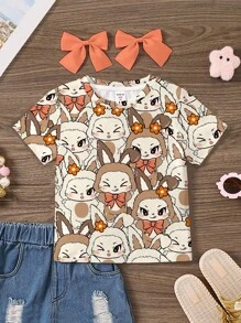 SHEIN 百搭风，可爱的布布印花，花卉蝴蝶结印花，清凉夏日，年轻女孩休闲简约圆领短袖T恤，适合夏季，夏季度假，度假氛围，夏季假日 - 彩色 - 查看 3