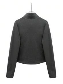 女士新款双拉链夹克，日常合身高弹力羊毛外套 - 深灰色 - 查看 3