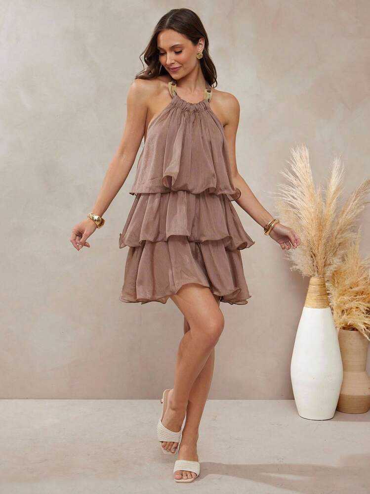 L'Amorae 女式三层透视迷你连衣裙，配手镯领口饰边 - 咖啡 - 查看 3