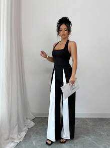 SHEIN PETITE 女士时尚撞色拼接露背吊带长款连体裤