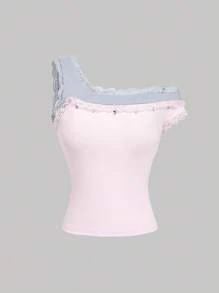 SHEIN MOD Romantisches Damen 2-in-1 Top mit kontrastierender Spitze und asymmetrischem Schnitt, ideal für Sommer, Urlaub, Strand, Geburtstag, Brunch, Elegant, Y2K Tops, Ausgehen - Pink - Übersicht 1