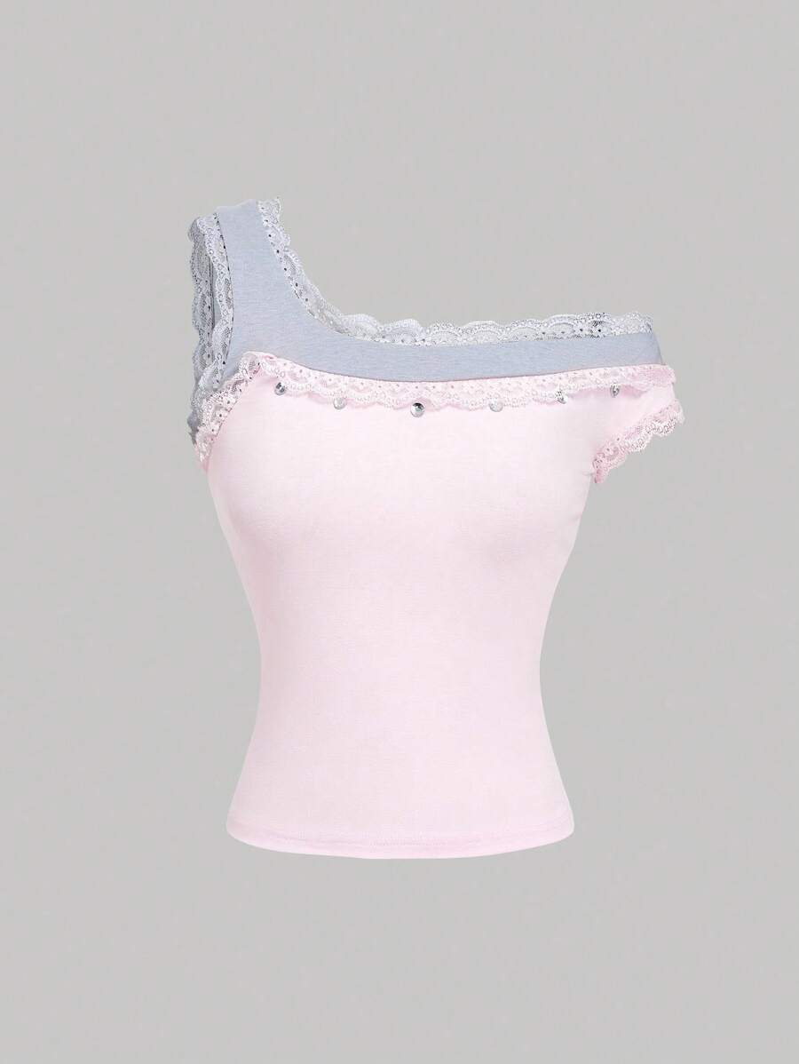 SHEIN MOD Romantisches Damen 2-in-1 Top mit kontrastierender Spitze und asymmetrischem Schnitt, ideal für Sommer, Urlaub, Strand, Geburtstag, Brunch, Elegant, Y2K Tops, Ausgehen - Pink - Übersicht 1