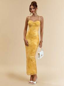 SHEIN BAE Đầm dài ôm vừa vặn họa tiết hoa gợi cảm in ren có dây mảnh dành cho nữ, thiết kế cổ điển, mùa hè - Màu vàng - Xem 5