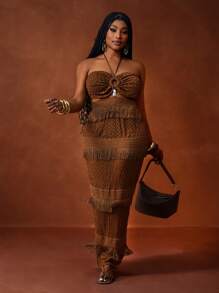 Veslaya 2025 New Vacation Music Festival Party Halter Sexy Sheer Hollow-Out Tassel Bodycon Dress, Plus Size - Brown - View 1
