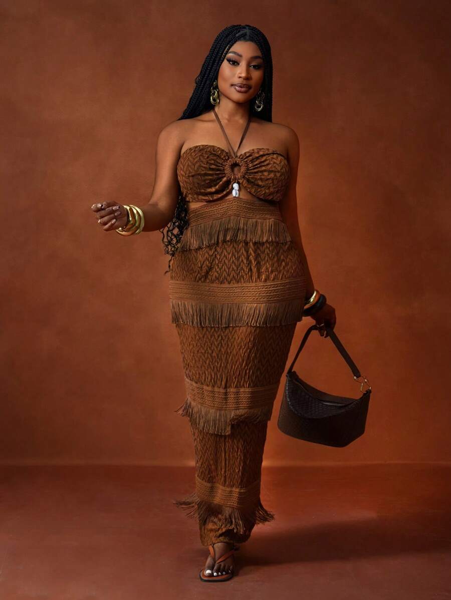 Veslaya 2025 New Vacation Music Festival Party Halter Sexy Sheer Hollow-Out Tassel Bodycon Dress, Plus Size - Brown - View 1