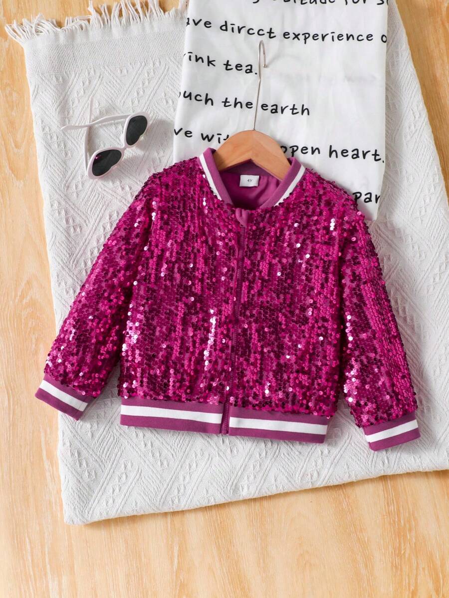 1pc Girls Striped Ribbed Collar & Hem Knitted Lining Pink Long Sleeve Zip-Up Jacket With Sequins, Fashion Versatile, Can Be Worn Alone With Skirt, Or Layered Over T-Shirt, Dress, Suitable For Spring/Autumn Casual Outings Or Holiday Parties Girls Sequin Jacket Girls Bomber Jacket Kids Sequin Jacket Sequin Bomber Jacket Sparkling Clothes For Kids Fall Winter