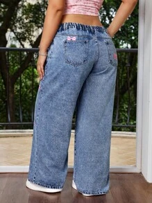 SHEIN MOD 大码休闲日常水洗蝴蝶印花阔腿牛仔裤