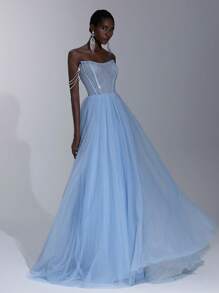 Elitara 奢华优雅的海蓝宝石网眼材质圆领水钻装饰紧身胸衣，配有可调节吊带，透视裙摆 A 字形正式晚礼服（大量装饰） - 藍色 - 查看 6