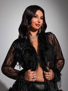 Viva Relle Plus Size Women Lace Patchwork Cardigan + Mini Skirt Sexy Elegant Fashion 2pcs Set Fall Cloth For Women - Black - View 3