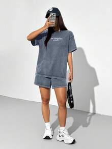 SHEIN EZwear 蓝色针织女式休闲运动套装 - 藍色 - 查看 4