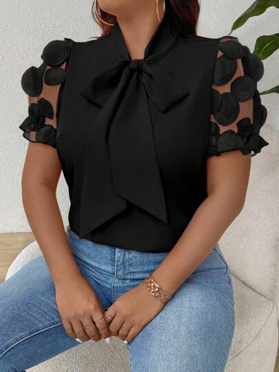 Rometta Plus Size Women Elegant Casual Mesh Patchwork Sleeve Blouse