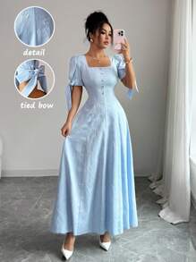 Elenzga 新款女式方领提花面料泡泡袖系带蝴蝶结露背休闲连衣裙，优雅百搭，适合日常穿着和度假 - 藍色 - 查看 4