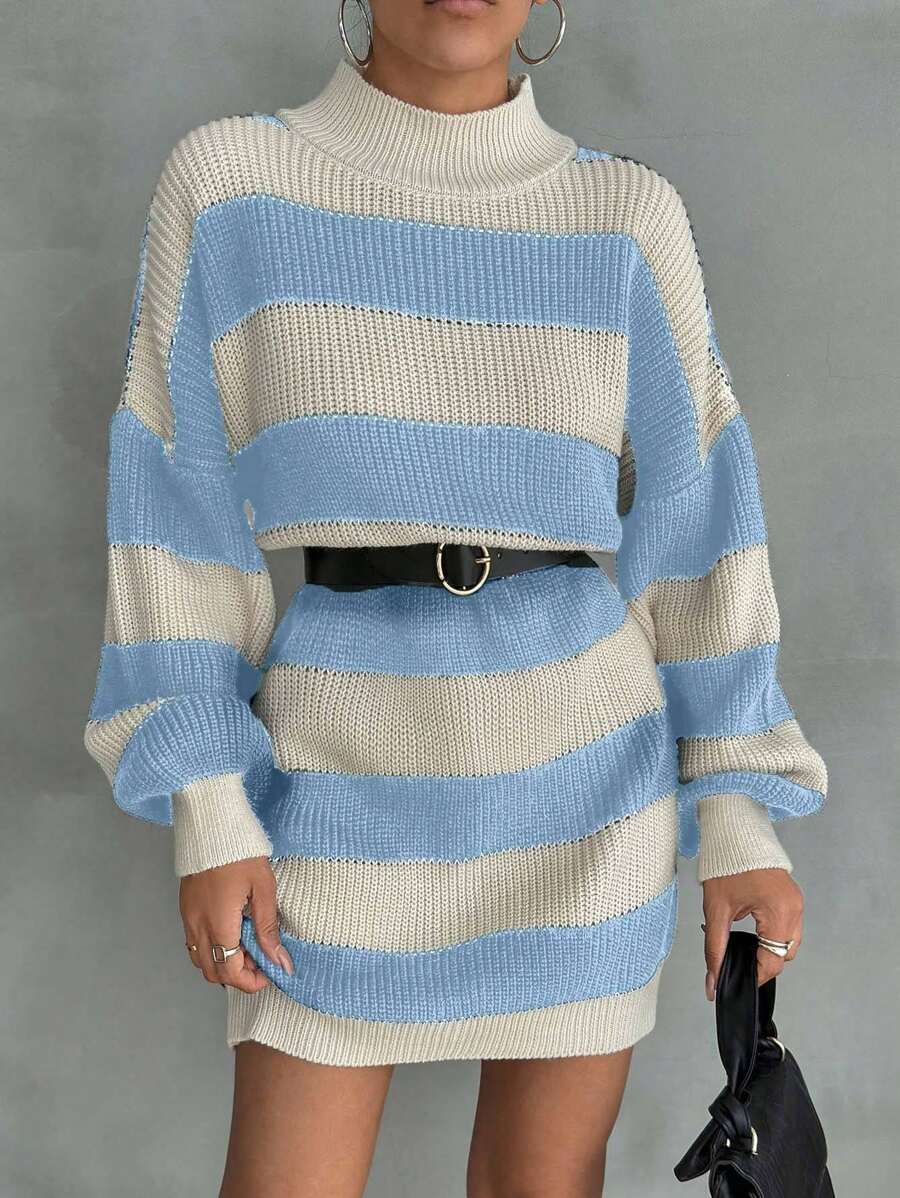 EURMUSE Women Drop Shoulder Sweater Dress With Striped Pattern,Petite - Baby Blue - View 1