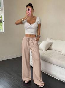 Flirla 女士纯色腰带口袋阔腿宽松休闲裤 - 米色 - 查看 5