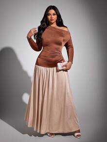 Viva Relle Elegant Shoulder-Cutout Patchwork Fitted Plus Size Dress - Apricot - View 3