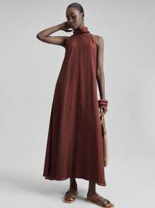 Ontre 2025 秋季新款女士长款连衣裙，围巾式领口和喇叭形，无袖二合一极其优雅的风格，包含醋酸纤维和亚麻，天丝材料，女士优雅连衣裙，度假连衣裙，极简主义连衣裙，休闲连衣裙，夏威夷风格秋季连衣裙