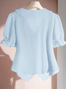 SHEIN Clasi Blusa de manga corta con cuello en V, ruedo con volantes y talle grande, para verano - Celeste - Ver 2