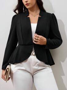 Chikora Plus Notched Detail Ruffle Hem Blazer,Business Casual Woman In Fall/Winter - Black - View 1