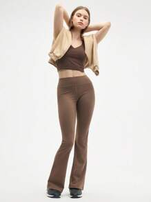 Eassivo Eassivo Women's High Waist Solid Color Flared Leggings Pants Low Impact Yoga Daily - Khaki - View 6
