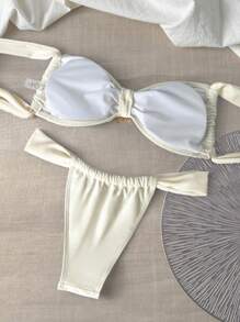 Swim Chiccia Solid Color Triangle Cup Metal Sun Accessory Decorative Bikini Set For Summer Beach Vacation - Apricot - View 2