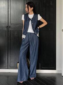 DAZY 女士优雅蕾丝拼布圆领背心和阔腿牛仔裤两件套 - 深色水洗藍 - 查看 5