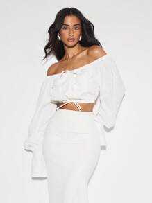 KIZN 露肩短款上衣，长袖泡泡袖，风琴式口袋，修身袖口，松紧腰身，适合派对、晚宴、节日等夏季穿着。 - 白色 - 查看 1