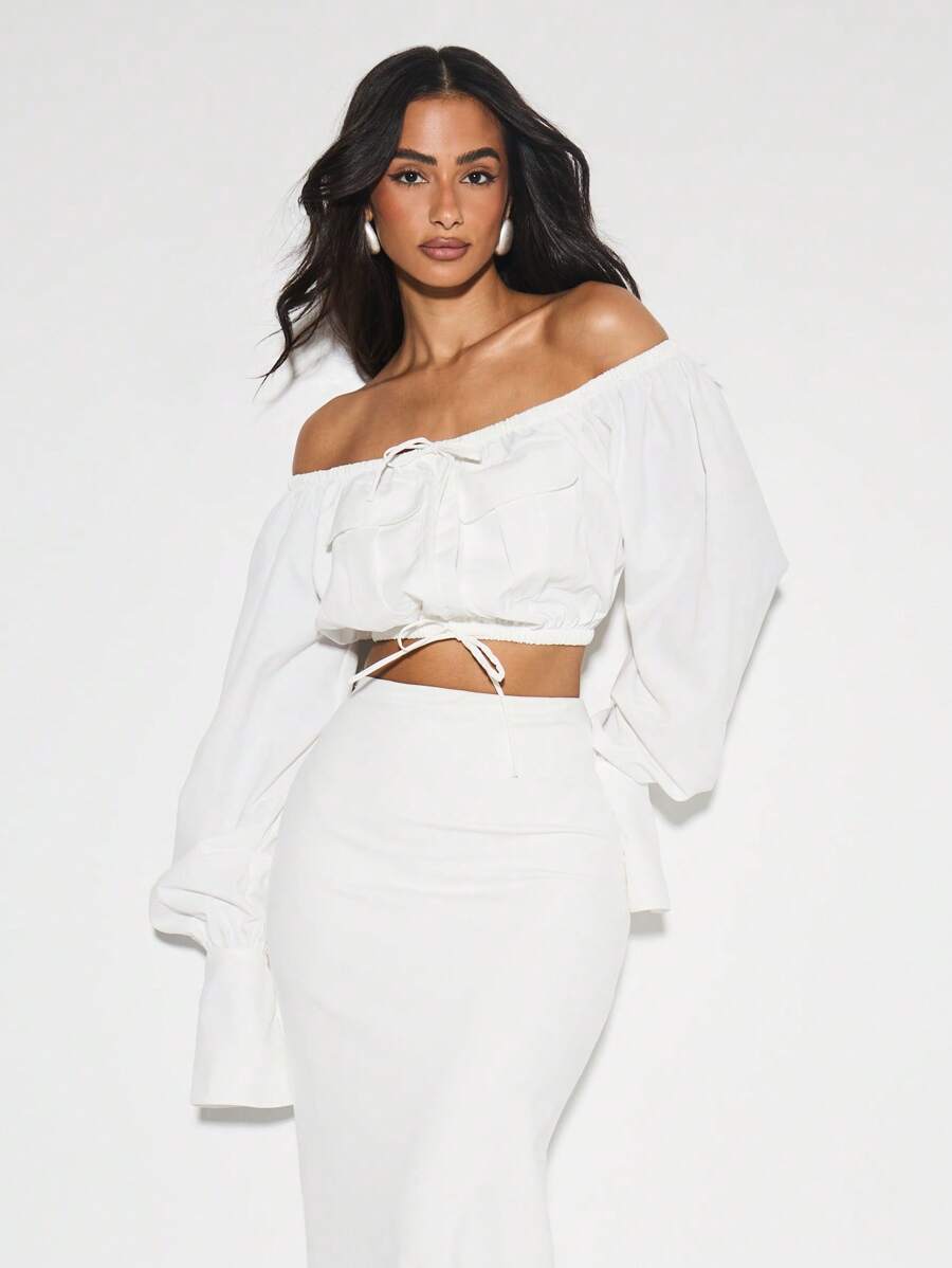 KIZN 露肩短款上衣，长袖泡泡袖，风琴式口袋，修身袖口，松紧腰身，适合派对、晚宴、节日等夏季穿着。 - 白色 - 查看 1