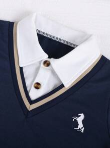 SHEIN Playful Pals 2 Pieces Young Boy Set, Children Knitted Comfortable Long Sleeve Polo 2 In 1 Sweatshirt, Fashion Smart Design With Chest Print, Paired With Beige Casual Elastic Waist Loose Pants, Suitable For Autumn Occasions Like Holiday, School, Daily Outings Fall Winter