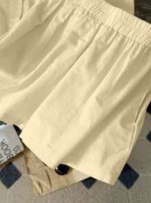 INAWLY Nuevo conjunto informal de 2 piezas de lino suelto y casual con top de manga larga y pantalones cortos para mujer