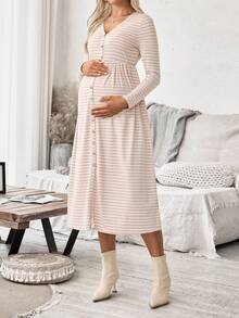 SHEIN 哺乳条纹V领休闲长袖连衣裙 - 卡其色 - 查看 3